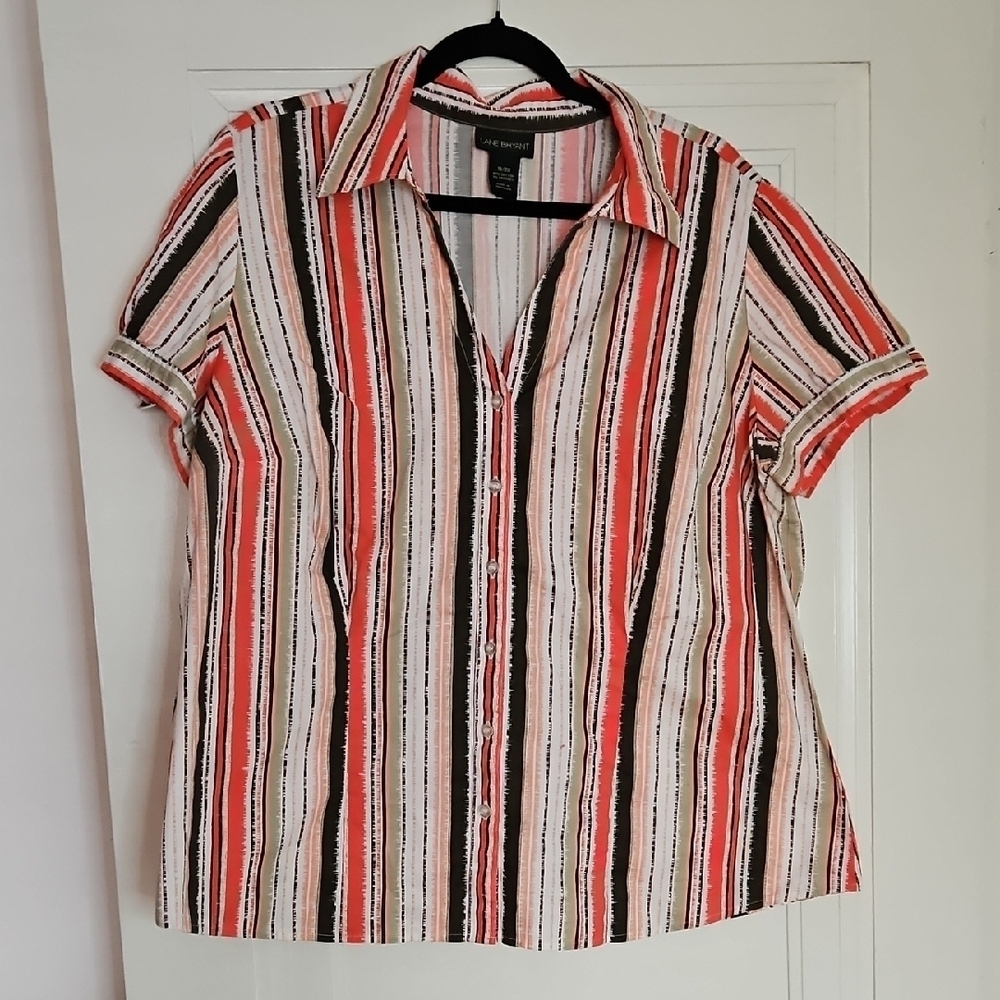 Layne Bryant Striped Coral, Brown, White Button-down, Short Sleeves, Sz 18/20